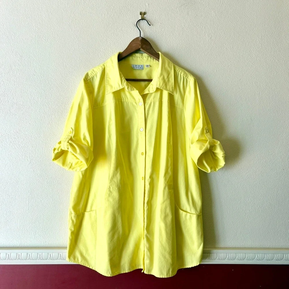 Joan Rivers Cheery Yellow Button Up Tunic Top Roll Tab Sleeves Pockets 1X Bright
